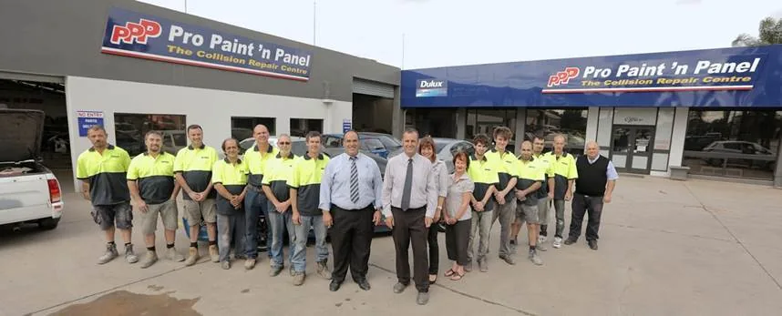 The Pro Paint 'n Panel and Rightway Automotive team outside the workshop on South Road.